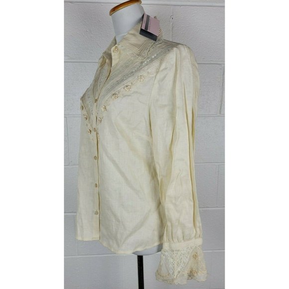 NWT Austin Reed Cream Linen Embroidered Lace Blouse Shirt Cottagecore sz 12 - Picture 7 of 11